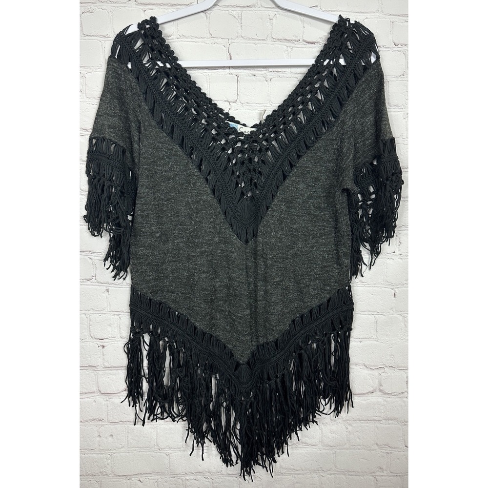 Cecico‎ black crochet hippie boho fringe v-neck sweater sz S